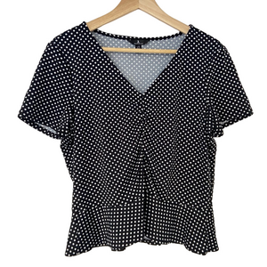 JULES & LEOPOLD BLACK & WHITE POLKA DOT JERSEY V NECK TOP/BLOUSE WITH RUFFLE, LG